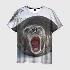 Мужская футболка 3D с принтом Морской тюлень в Тюмени, 100% полиэфир | прямой крой, круглый вырез горловины, длина до линии бедер | Тематика изображения на принте: животное | зима | море | океан | снег | тюлень