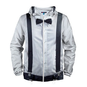 Мужская ветровка 3D с принтом Рубашка с подтяжками в Тюмени, 100% полиэстер | подол и капюшон оформлены резинкой с фиксаторами, два кармана без застежек по бокам, один потайной карман на груди | бабочка