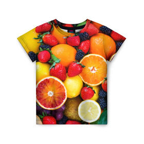 Детская футболка 3D с принтом Мультифрукт в Тюмени, 100% гипоаллергенный полиэфир | прямой крой, круглый вырез горловины, длина до линии бедер, чуть спущенное плечо, ткань немного тянется | Тематика изображения на принте: апельсин | ежевика | киви | клубника | лимон | яблоко