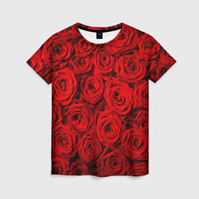 Женская футболка 3D с принтом Красные розы в Тюмени, 100% полиэфир ( синтетическое хлопкоподобное полотно) | прямой крой, круглый вырез горловины, длина до линии бедер | букет | лепесток | роза | розы | цвет | цветок