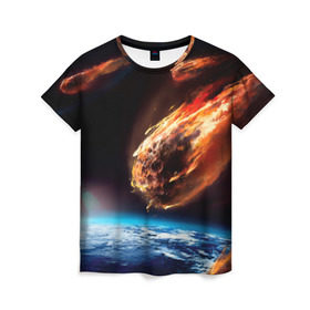 Женская футболка 3D с принтом Метеориты в Тюмени, 100% полиэфир ( синтетическое хлопкоподобное полотно) | прямой крой, круглый вырез горловины, длина до линии бедер | Тематика изображения на принте: астероид | земля | космос | метеор | планета