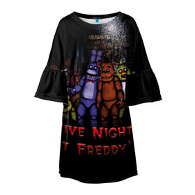 Детское платье 3D с принтом Five Nights At Freddy`s в Тюмени, 100% полиэстер | прямой силуэт, чуть расширенный к низу. Круглая горловина, на рукавах — воланы | five nights at freddys | five nights at freddys по мотивам игрыfreddy | игры | мишка | фнаф | фредди