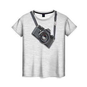 Женская футболка 3D с принтом Фотоаппарат на груди в Тюмени, 100% полиэфир ( синтетическое хлопкоподобное полотно) | прямой крой, круглый вырез горловины, длина до линии бедер | camera | зеркалка | камера | фотик | фото | фотоаппарат | фотографировать