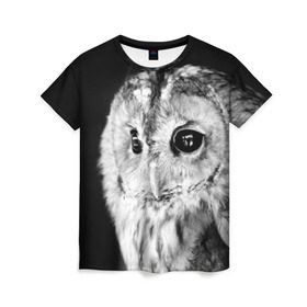Женская футболка 3D с принтом Сова в Тюмени, 100% полиэфир ( синтетическое хлопкоподобное полотно) | прямой крой, круглый вырез горловины, длина до линии бедер | ночь | ночьная | птица | сова | фото | хищник | черно белое