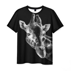 Мужская футболка 3D с принтом Жираф в Тюмени, 100% полиэфир | прямой крой, круглый вырез горловины, длина до линии бедер | африка | животное | жираф | фон | фото | черно белое | черный