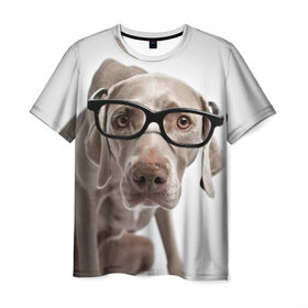 Мужская футболка 3D с принтом Собака в очках в Тюмени, 100% полиэфир | прямой крой, круглый вырез горловины, длина до линии бедер | в очках | дог | животное | очки | прикол | пятнистый | собака | щенок