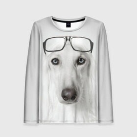 Женский лонгслив 3D с принтом Собака в очках в Тюмени, 100% полиэстер | длинные рукава, круглый вырез горловины, полуприлегающий силуэт | афганская | белая | борзая | в очках | животное | очки | прикол | собака