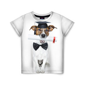 Детская футболка 3D с принтом Собака выпускник в Тюмени, 100% гипоаллергенный полиэфир | прямой крой, круглый вырез горловины, длина до линии бедер, чуть спущенное плечо, ткань немного тянется | Тематика изображения на принте: бабочка | галстук | диплом | магистр | пес