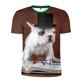 Мужская футболка 3D спортивная с принтом Бульдог в цилиндре в Тюмени, 100% полиэстер с улучшенными характеристиками | приталенный силуэт, круглая горловина, широкие плечи, сужается к линии бедра | бульдог в цилиндре | домашнее | животное | книга французский | очки | пес | прикол | собака | умный | ученый