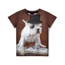 Детская футболка 3D с принтом Бульдог в цилиндре в Тюмени, 100% гипоаллергенный полиэфир | прямой крой, круглый вырез горловины, длина до линии бедер, чуть спущенное плечо, ткань немного тянется | бульдог в цилиндре | домашнее | животное | книга французский | очки | пес | прикол | собака | умный | ученый
