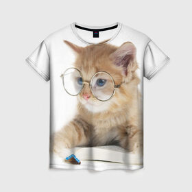 Женская футболка 3D с принтом Кот в очках в Тюмени, 100% полиэфир ( синтетическое хлопкоподобное полотно) | прямой крой, круглый вырез горловины, длина до линии бедер | домашнее | животное | книга | кот | кот в очках | котэ | очки | прикол | умный | ученый | читает