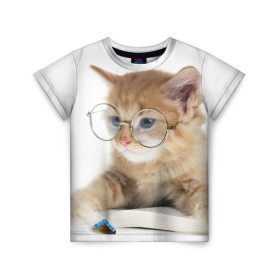 Детская футболка 3D с принтом Кот в очках в Тюмени, 100% гипоаллергенный полиэфир | прямой крой, круглый вырез горловины, длина до линии бедер, чуть спущенное плечо, ткань немного тянется | домашнее | животное | книга | кот | кот в очках | котэ | очки | прикол | умный | ученый | читает