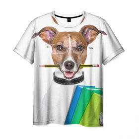 Мужская футболка 3D с принтом Ученый пес в Тюмени, 100% полиэфир | прямой крой, круглый вырез горловины, длина до линии бедер | домашнее | животное | карандаш | книги | очки | ошейник | пес | прикол | собака в очках | умный | ученый