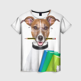 Женская футболка 3D с принтом Ученый пес в Тюмени, 100% полиэфир ( синтетическое хлопкоподобное полотно) | прямой крой, круглый вырез горловины, длина до линии бедер | домашнее | животное | карандаш | книги | очки | ошейник | пес | прикол | собака в очках | умный | ученый