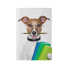 Обложка для паспорта матовая кожа с принтом Ученый пес в Тюмени, натуральная матовая кожа | размер 19,3 х 13,7 см; прозрачные пластиковые крепления | домашнее | животное | карандаш | книги | очки | ошейник | пес | прикол | собака в очках | умный | ученый
