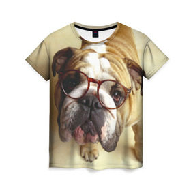 Женская футболка 3D с принтом Бульдог в очках в Тюмени, 100% полиэфир ( синтетическое хлопкоподобное полотно) | прямой крой, круглый вырез горловины, длина до линии бедер | бульдог в очках | домашнее | животное | очки | пес | прикол | собака | умный | ученый