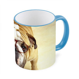 Кружка 3D с принтом Бульдог в очках в Тюмени, керамика | ёмкость 330 мл | бульдог в очках | домашнее | животное | очки | пес | прикол | собака | умный | ученый