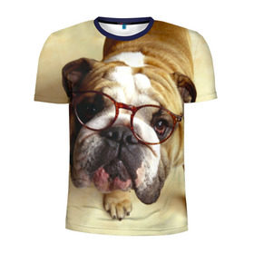 Мужская футболка 3D спортивная с принтом Бульдог в очках в Тюмени, 100% полиэстер с улучшенными характеристиками | приталенный силуэт, круглая горловина, широкие плечи, сужается к линии бедра | бульдог в очках | домашнее | животное | очки | пес | прикол | собака | умный | ученый