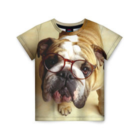 Детская футболка 3D с принтом Бульдог в очках в Тюмени, 100% гипоаллергенный полиэфир | прямой крой, круглый вырез горловины, длина до линии бедер, чуть спущенное плечо, ткань немного тянется | бульдог в очках | домашнее | животное | очки | пес | прикол | собака | умный | ученый