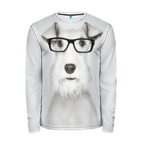 Мужской лонгслив 3D с принтом Собака в очках в Тюмени, 100% полиэстер | длинные рукава, круглый вырез горловины, полуприлегающий силуэт | белый | домашнее | животное | очки | пес | прикол | собака в очках | умный | ученый | эрдельтерьер