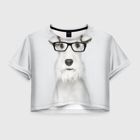 Женская футболка 3D укороченная с принтом Собака в очках в Тюмени, 100% полиэстер | круглая горловина, длина футболки до линии талии, рукава с отворотами | белый | домашнее | животное | очки | пес | прикол | собака в очках | умный | ученый | эрдельтерьер