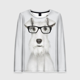 Женский лонгслив 3D с принтом Собака в очках в Тюмени, 100% полиэстер | длинные рукава, круглый вырез горловины, полуприлегающий силуэт | белый | домашнее | животное | очки | пес | прикол | собака в очках | умный | ученый | эрдельтерьер