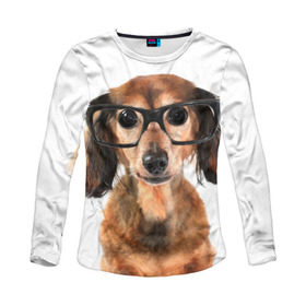 Женский лонгслив 3D с принтом Собака в очках в Тюмени, 100% полиэстер | длинные рукава, круглый вырез горловины, полуприлегающий силуэт | домашнее | животное | очки | пес | прикол | собака в очках | умный | ученый