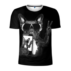 Мужская футболка 3D спортивная с принтом Бульдог в очках в Тюмени, 100% полиэстер с улучшенными характеристиками | приталенный силуэт, круглая горловина, широкие плечи, сужается к линии бедра | домашнее | животное | пес | собака