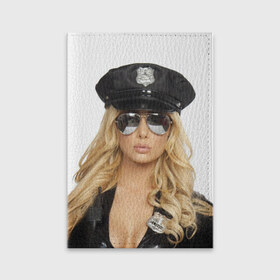 Обложка для паспорта матовая кожа с принтом Девушка полицейский в Тюмени, натуральная матовая кожа | размер 19,3 х 13,7 см; прозрачные пластиковые крепления | Тематика изображения на принте: блондинка | девушка | кожа | очки | форма | фуражка