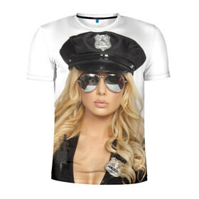 Мужская футболка 3D спортивная с принтом Девушка полицейский в Тюмени, 100% полиэстер с улучшенными характеристиками | приталенный силуэт, круглая горловина, широкие плечи, сужается к линии бедра | Тематика изображения на принте: блондинка | девушка | кожа | очки | форма | фуражка