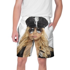 Мужские шорты 3D с принтом Девушка полицейский в Тюмени,  полиэстер 100% | прямой крой, два кармана без застежек по бокам. Мягкая трикотажная резинка на поясе, внутри которой широкие завязки. Длина чуть выше колен | блондинка | девушка | кожа | очки | форма | фуражка