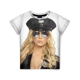 Детская футболка 3D с принтом Девушка полицейский в Тюмени, 100% гипоаллергенный полиэфир | прямой крой, круглый вырез горловины, длина до линии бедер, чуть спущенное плечо, ткань немного тянется | блондинка | девушка | кожа | очки | форма | фуражка