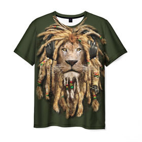 Мужская футболка 3D с принтом Лев в Тюмени, 100% полиэфир | прямой крой, круглый вырез горловины, длина до линии бедер | reggae | лев | музыка | наушники | прическа | регги | стиль | ямайка