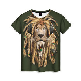 Женская футболка 3D с принтом Лев в Тюмени, 100% полиэфир ( синтетическое хлопкоподобное полотно) | прямой крой, круглый вырез горловины, длина до линии бедер | Тематика изображения на принте: reggae | лев | музыка | наушники | прическа | регги | стиль | ямайка