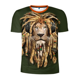 Мужская футболка 3D спортивная с принтом Лев в Тюмени, 100% полиэстер с улучшенными характеристиками | приталенный силуэт, круглая горловина, широкие плечи, сужается к линии бедра | reggae | лев | музыка | наушники | прическа | регги | стиль | ямайка