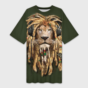 Платье-футболка 3D с принтом Лев в Тюмени,  |  | reggae | лев | музыка | наушники | прическа | регги | стиль | ямайка