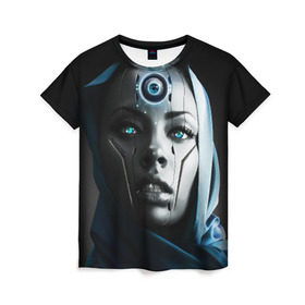 Женская футболка 3D с принтом Девушка андроид в Тюмени, 100% полиэфир ( синтетическое хлопкоподобное полотно) | прямой крой, круглый вырез горловины, длина до линии бедер | андроид | глаз | девушка | киборг | робот | третий