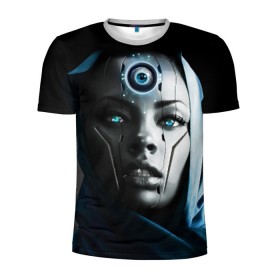 Мужская футболка 3D спортивная с принтом Девушка андроид в Тюмени, 100% полиэстер с улучшенными характеристиками | приталенный силуэт, круглая горловина, широкие плечи, сужается к линии бедра | андроид | глаз | девушка | киборг | робот | третий