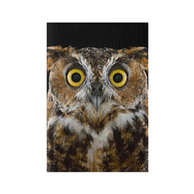 Обложка для паспорта матовая кожа с принтом Сова в Тюмени, натуральная матовая кожа | размер 19,3 х 13,7 см; прозрачные пластиковые крепления | взгляд | гипноз | гипнотический | глаза | мистическая | ночная | ночь | птица | сова | фон | хищник | черный