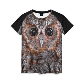 Женская футболка 3D с принтом Сова в Тюмени, 100% полиэфир ( синтетическое хлопкоподобное полотно) | прямой крой, круглый вырез горловины, длина до линии бедер | взгляд | гипноз | гипнотический | глаза | мистическая | ночная | ночь | птица | сова | фон | хищник | черный