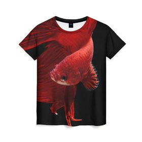 Женская футболка 3D с принтом Бойцовая рыбка в Тюмени, 100% полиэфир ( синтетическое хлопкоподобное полотно) | прямой крой, круглый вырез горловины, длина до линии бедер | аквариумная | бойцовая | красивый | плавники | рыба | рыбка | хвост | япаонская