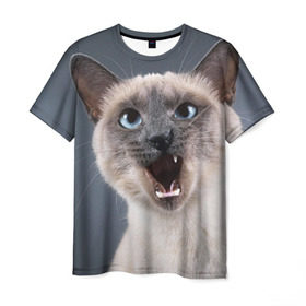 Мужская футболка 3D с принтом Злой кот в Тюмени, 100% полиэфир | прямой крой, круглый вырез горловины, длина до линии бедер | взгляд | домашнее | животное | злой | зубы | клыки | кот | котэ | кошка | оскал | сеамский