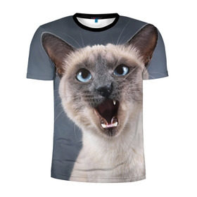 Мужская футболка 3D спортивная с принтом Злой кот в Тюмени, 100% полиэстер с улучшенными характеристиками | приталенный силуэт, круглая горловина, широкие плечи, сужается к линии бедра | взгляд | домашнее | животное | злой | зубы | клыки | кот | котэ | кошка | оскал | сеамский