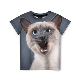 Детская футболка 3D с принтом Злой кот в Тюмени, 100% гипоаллергенный полиэфир | прямой крой, круглый вырез горловины, длина до линии бедер, чуть спущенное плечо, ткань немного тянется | взгляд | домашнее | животное | злой | зубы | клыки | кот | котэ | кошка | оскал | сеамский