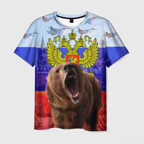 Мужская футболка 3D с принтом Русский медведь и герб в Тюмени, 100% полиэфир | прямой крой, круглый вырез горловины, длина до линии бедер | герб | медведь | россия | русский | русский медведь