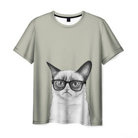 Мужская футболка 3D с принтом Кот - хипстер в Тюмени, 100% полиэфир | прямой крой, круглый вырез горловины, длина до линии бедер | cat | hipster | кот | кошка | хипстер