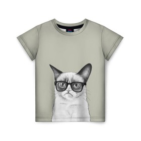 Детская футболка 3D с принтом Кот - хипстер в Тюмени, 100% гипоаллергенный полиэфир | прямой крой, круглый вырез горловины, длина до линии бедер, чуть спущенное плечо, ткань немного тянется | cat | hipster | кот | кошка | хипстер