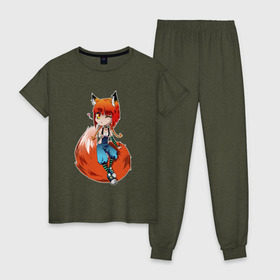 Женская пижама хлопок с принтом Лисичка чиби в Тюмени, 100% хлопок | брюки и футболка прямого кроя, без карманов, на брюках мягкая резинка на поясе и по низу штанин | лиса | рыжий | хвост