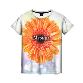 Женская футболка 3D с принтом Марина в Тюмени, 100% полиэфир ( синтетическое хлопкоподобное полотно) | прямой крой, круглый вырез горловины, длина до линии бедер | девушке | имя | любимой | марина | подарок | подарок любимой | подарок на 8 марта | подарок на день рождения | с 8 марта | цветок | цветы