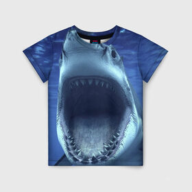 Детская футболка 3D с принтом Белая акула в Тюмени, 100% гипоаллергенный полиэфир | прямой крой, круглый вырез горловины, длина до линии бедер, чуть спущенное плечо, ткань немного тянется | Тематика изображения на принте: shark | море | синий